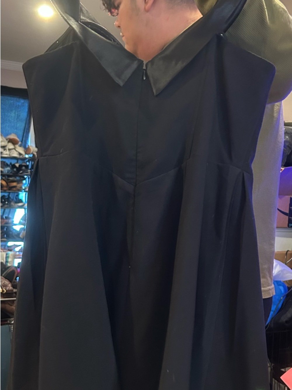 Black Sleeveless A-Line Dress with satin off the shoulder arm sleeves